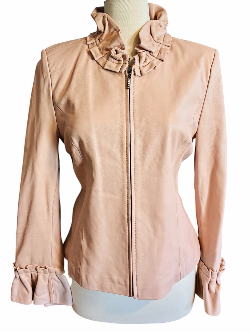 Pamela McCoy Light Pink Genuine Leather Ruffle Trim Jacket Women's Size Small